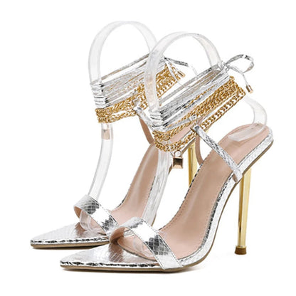 Sexy Chain Ankle-Strap Gold Pointed-Toe 12CM New Summer Female Party High Heel