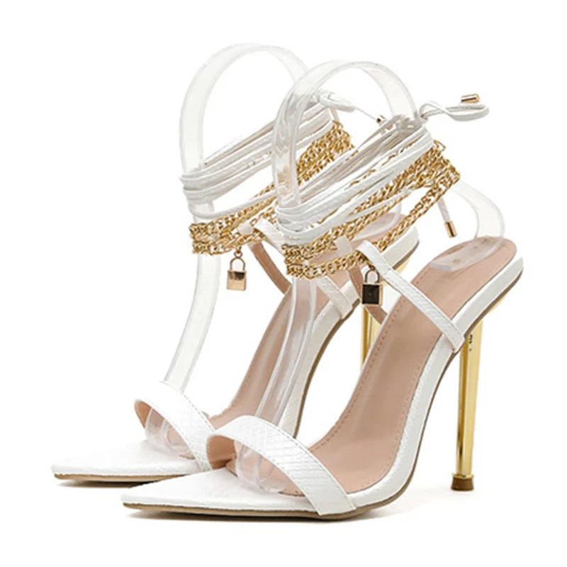 Sexy Chain Ankle-Strap Gold Pointed-Toe 12CM New Summer Female Party High Heel