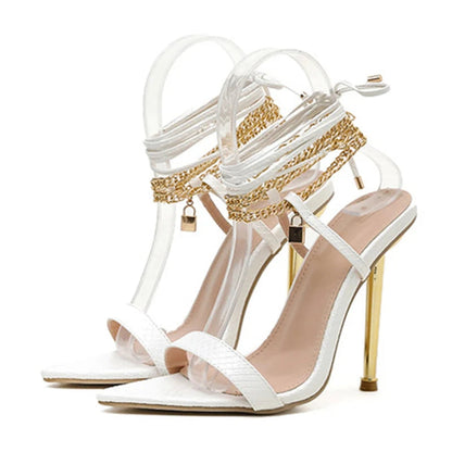 Sexy Chain Ankle-Strap Gold Pointed-Toe 12CM New Summer Female Party High Heel