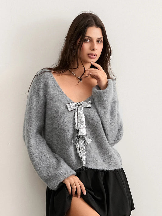 Sequin Bow Front Tie Loose V-neck Cardigan