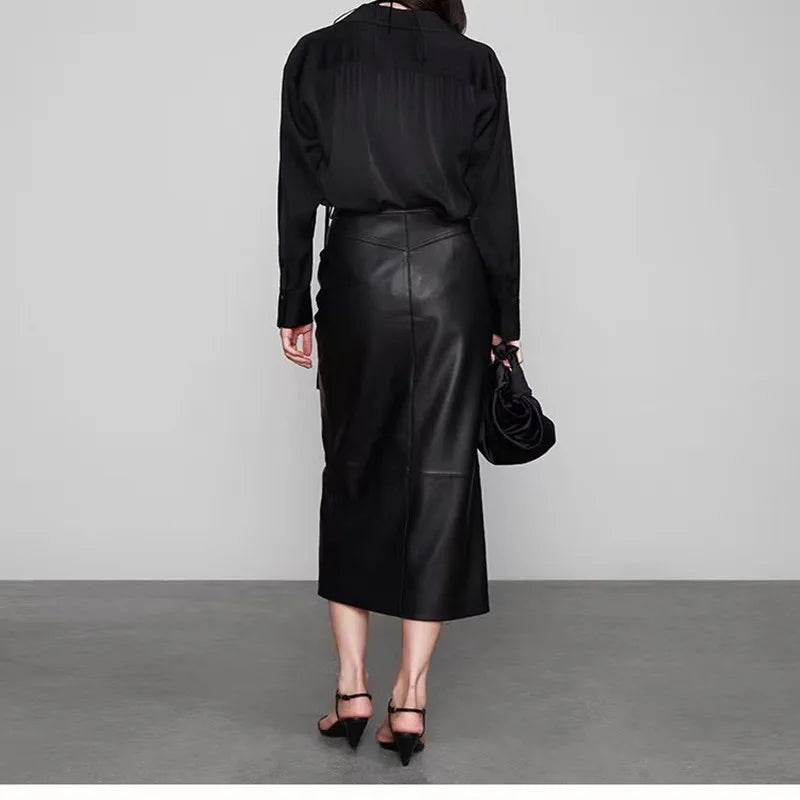 Straight Genuine Sheepskin Black Elegant Long Autumn Winter Skirt