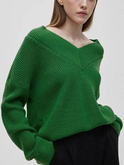 Oversized Loose Long Sleeve Solid Green Fashion Knitted Christmas Sweater