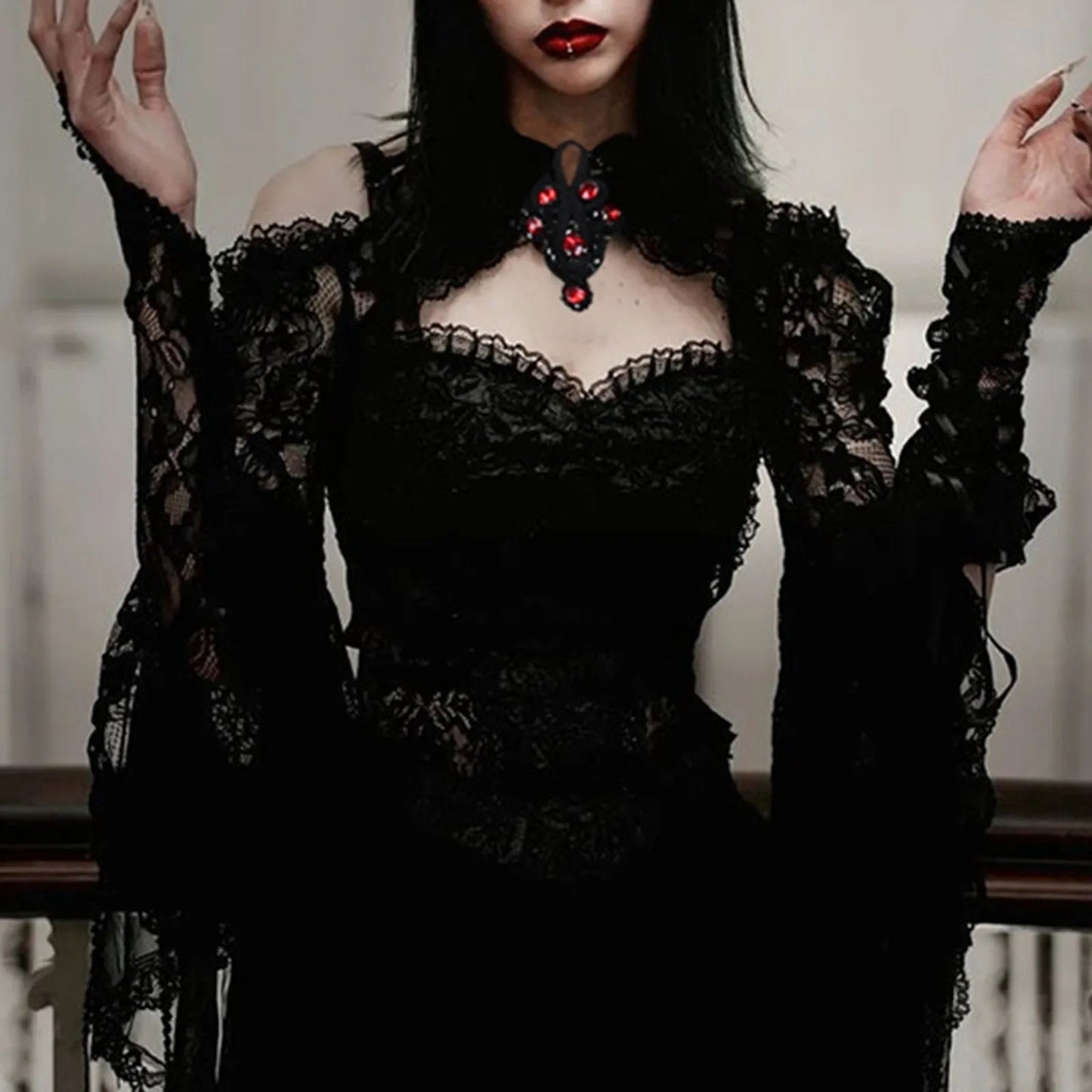 Trumpet Sleeve Black Lace Sexy Gothic Shawl Halloween Cardigan