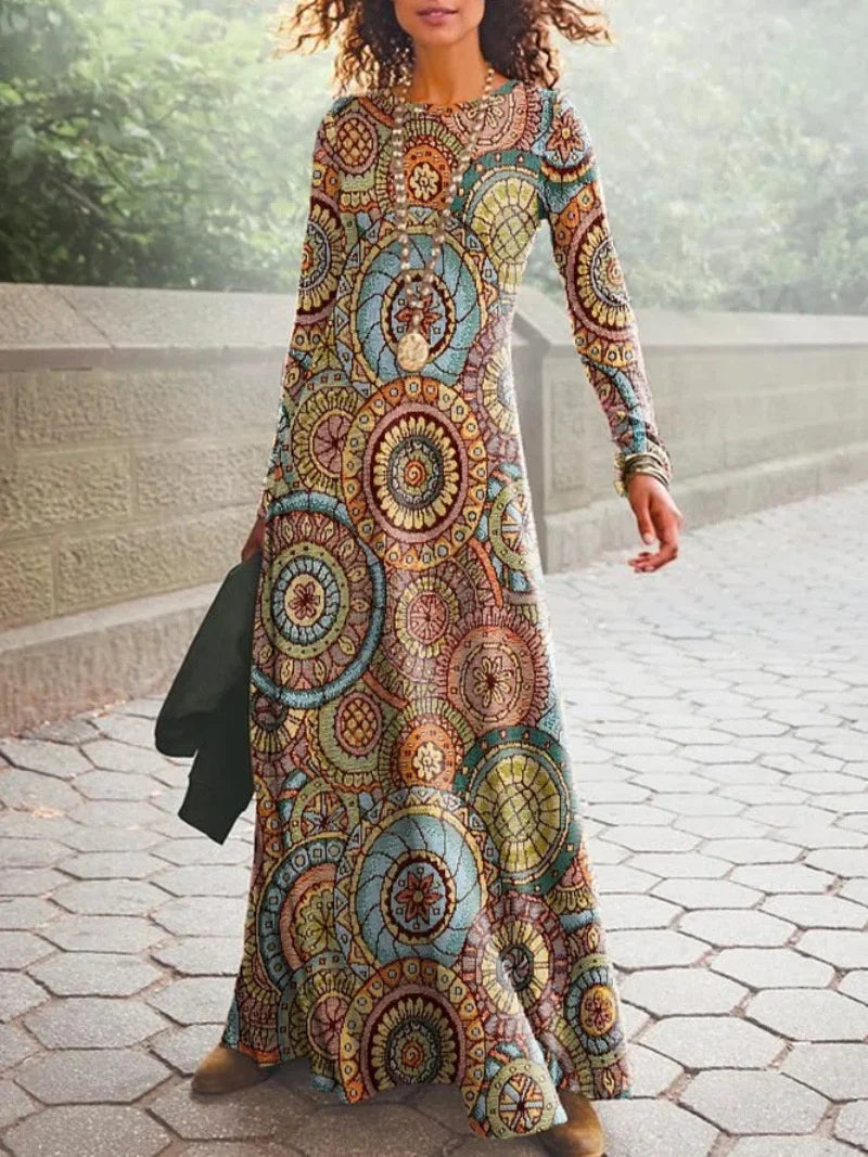 Vintage Geometric Print Long Sleeve Boho Dress