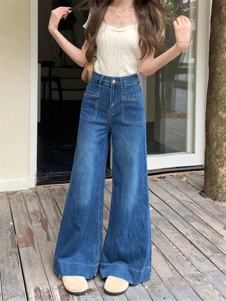 Women's Vintage Style Micro Flared Street Girl Bottoms High Waisted Pant Female Fashion Blue Denim Wide Leg Jeans