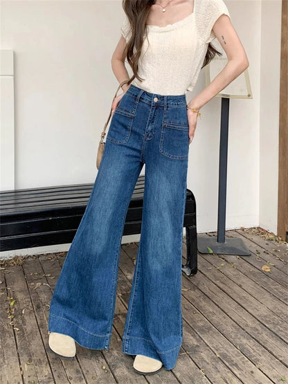 Women's Vintage Style Micro Flared Street Girl Bottoms High Waisted Pant Female Fashion Blue Denim Wide Leg Jeans