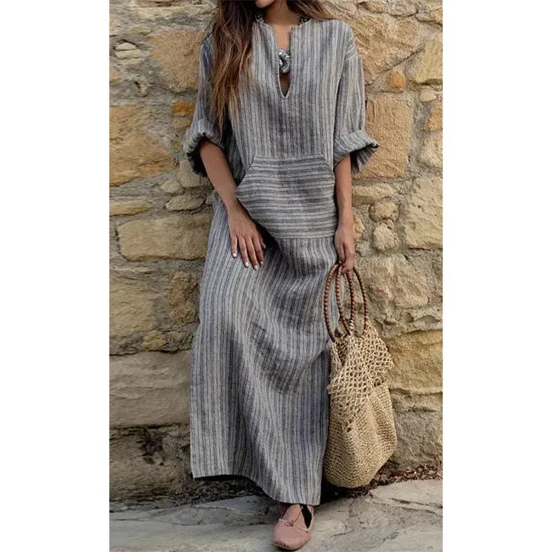 Summer Striped Cotton Linen Oversize Long Boho Dress