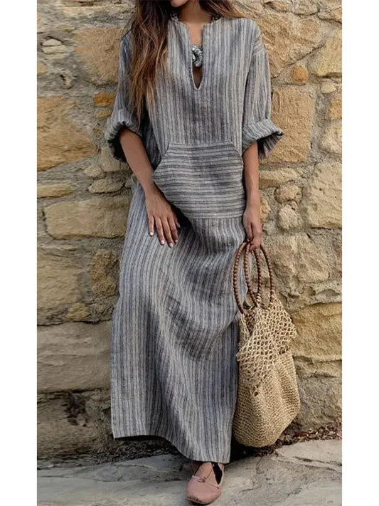 Summer Striped Cotton Linen Oversize Long Boho Dress