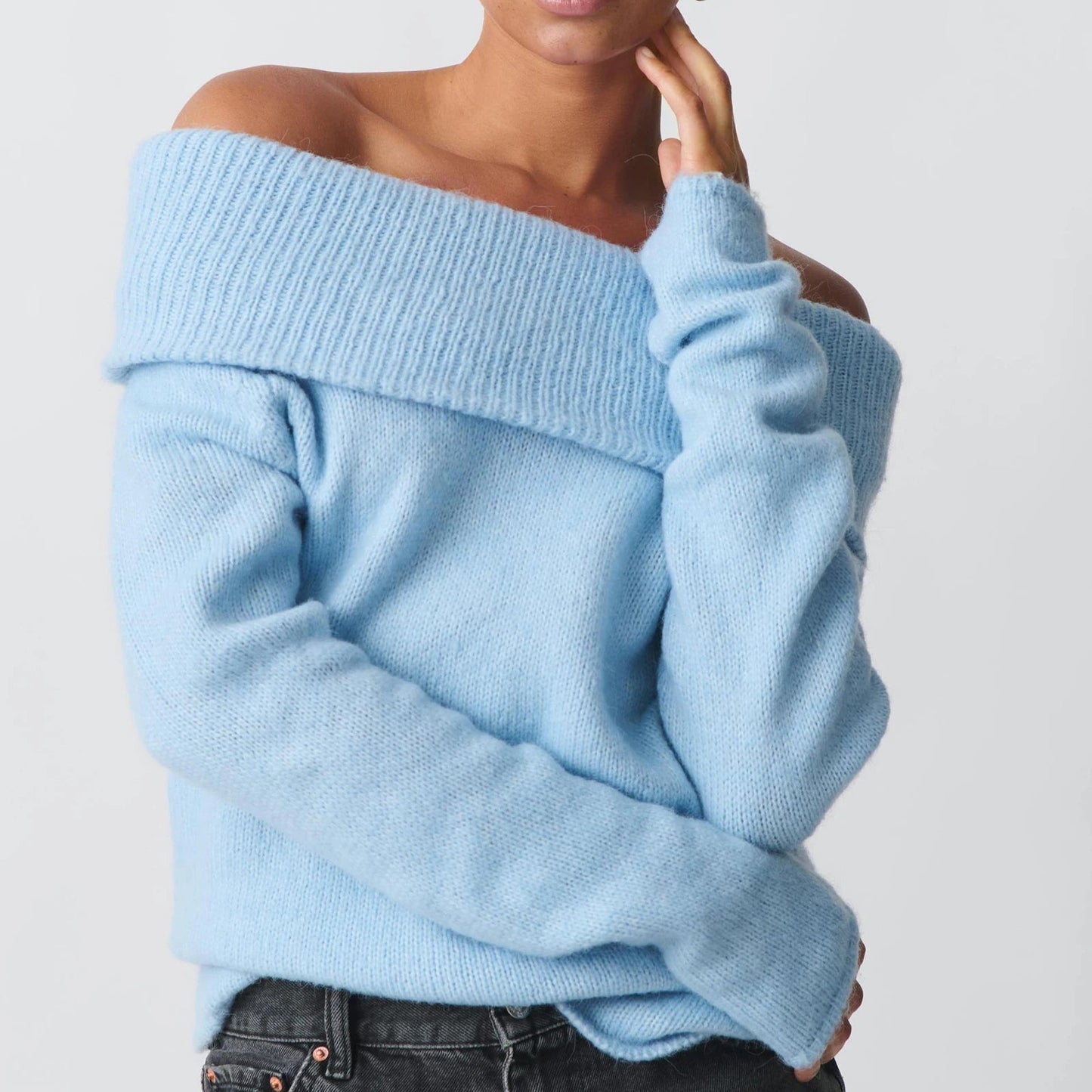 Off Shoulder Cropped Trendy Slouchy Knit Pullover Top