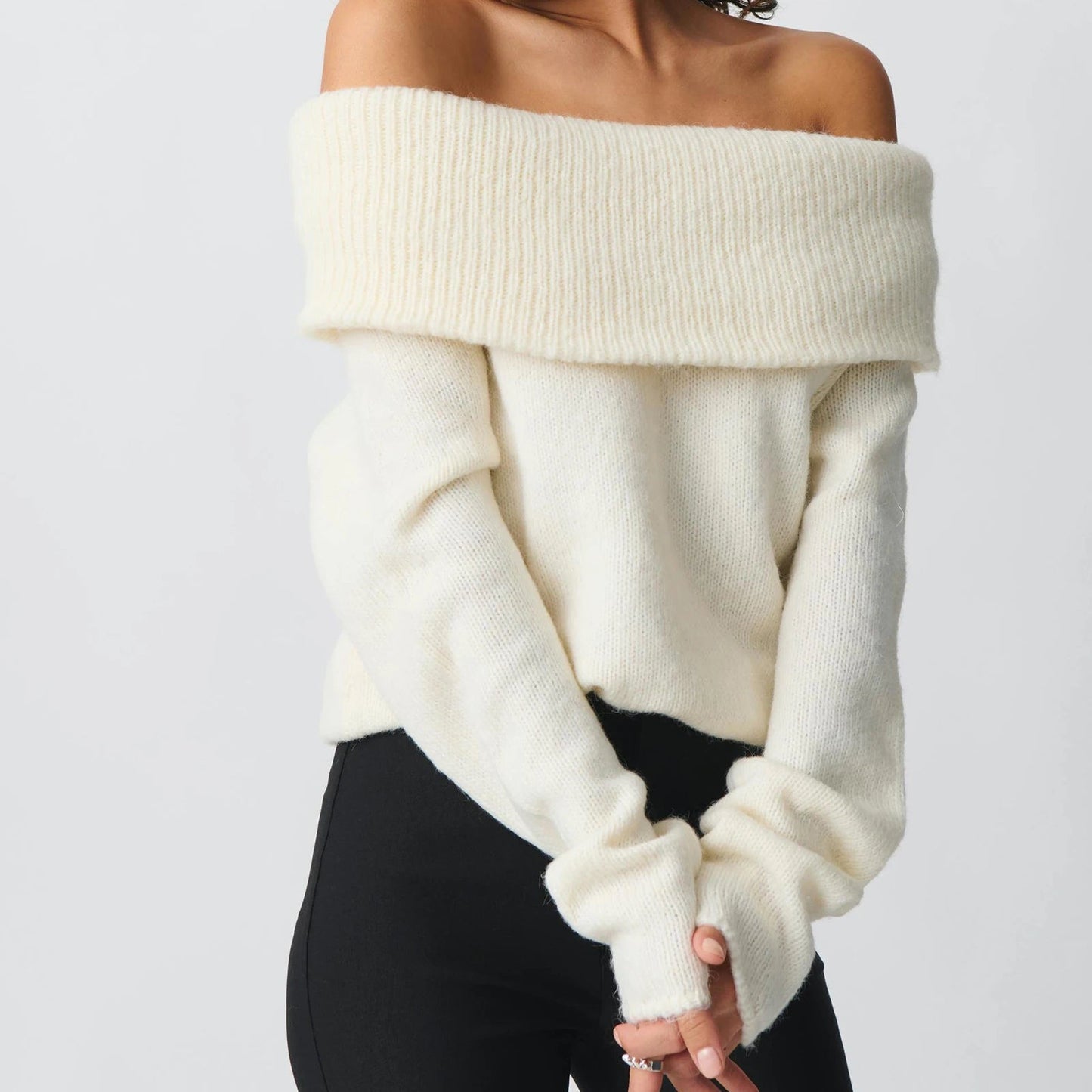 Off Shoulder Cropped Trendy Slouchy Knit Pullover Top