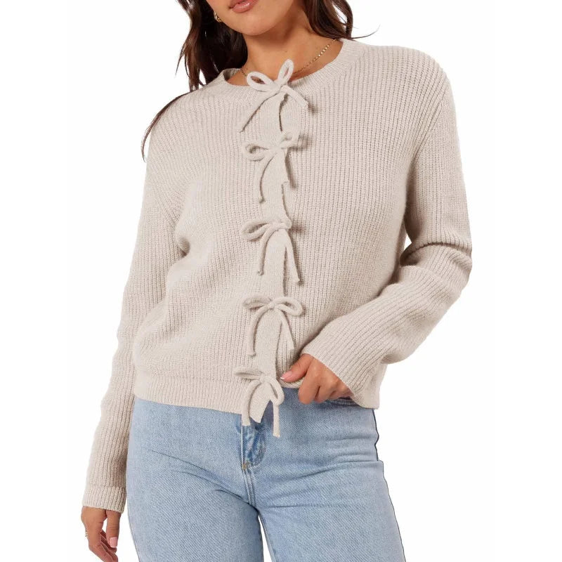 Y2K Bow Front Round Neck Cardigan