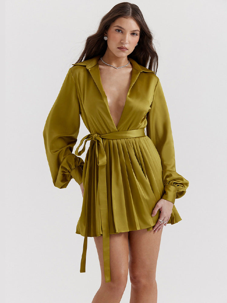 Natalie Satin Pleated Sexy Shirt Dress