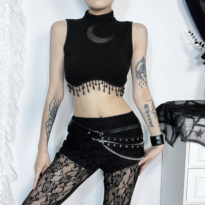 Vintage Sexy Goth Moon Lace See Through Sleeveless Crop Top