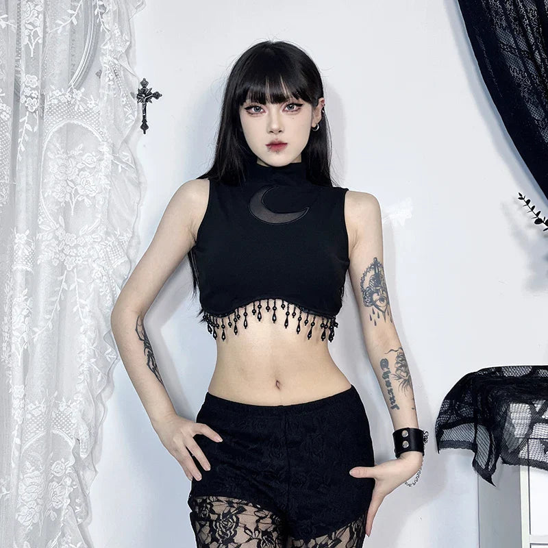 Vintage Sexy Goth Moon Lace See Through Sleeveless Crop Top