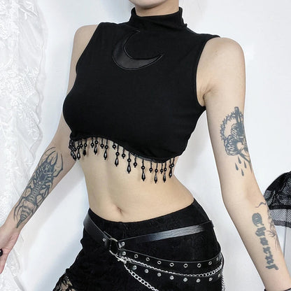 Vintage Sexy Goth Moon Lace See Through Sleeveless Crop Top