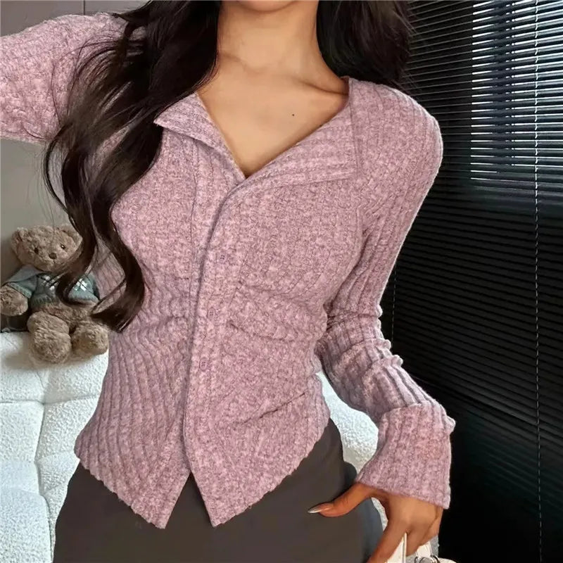 Thin Vintage Cozy Long Sleeve Elegant Single-breasted Stylish Jumper Sweater