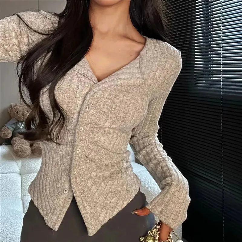 Thin Vintage Cozy Long Sleeve Elegant Single-breasted Stylish Jumper Sweater