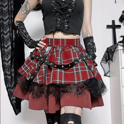 Y2k Lolita Cake Mini Gothic Harajuku Girls Plaid Pleated Sweet Lace Kawaii Skirt