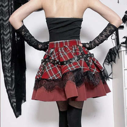 Y2k Lolita Cake Mini Gothic Harajuku Girls Plaid Pleated Sweet Lace Kawaii Skirt