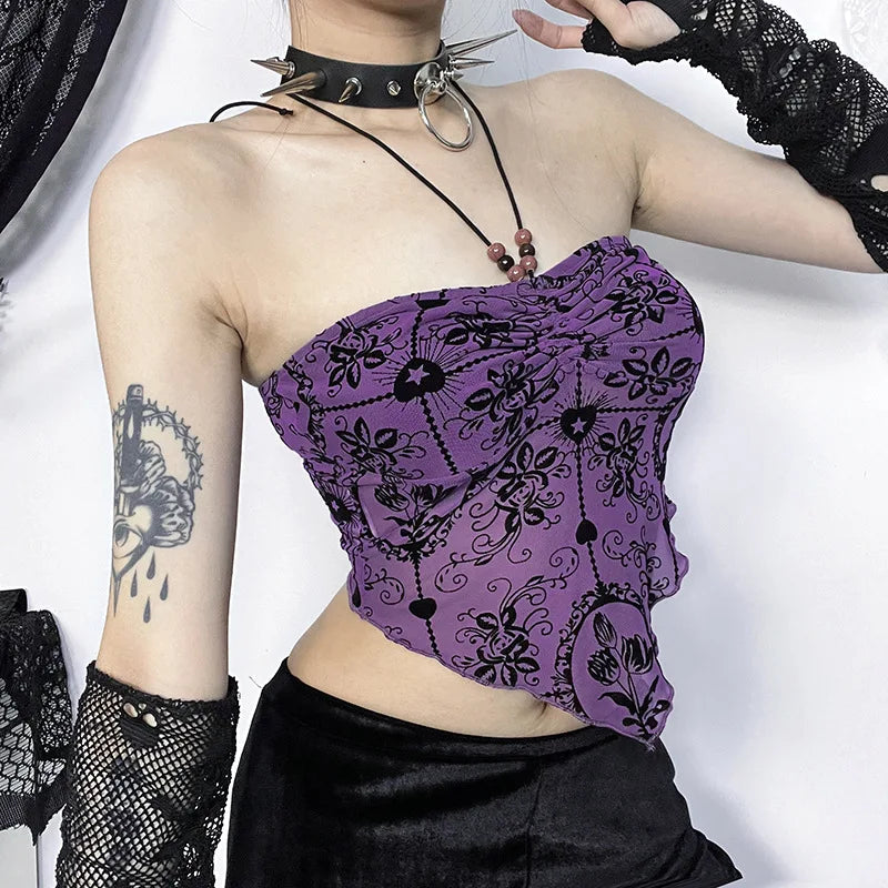 Gothic Sexy Irregular Bandeau Halterneck Flocked Backless Crop Top