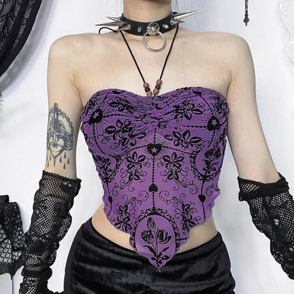 Gothic Sexy Irregular Bandeau Halterneck Flocked Backless Crop Top