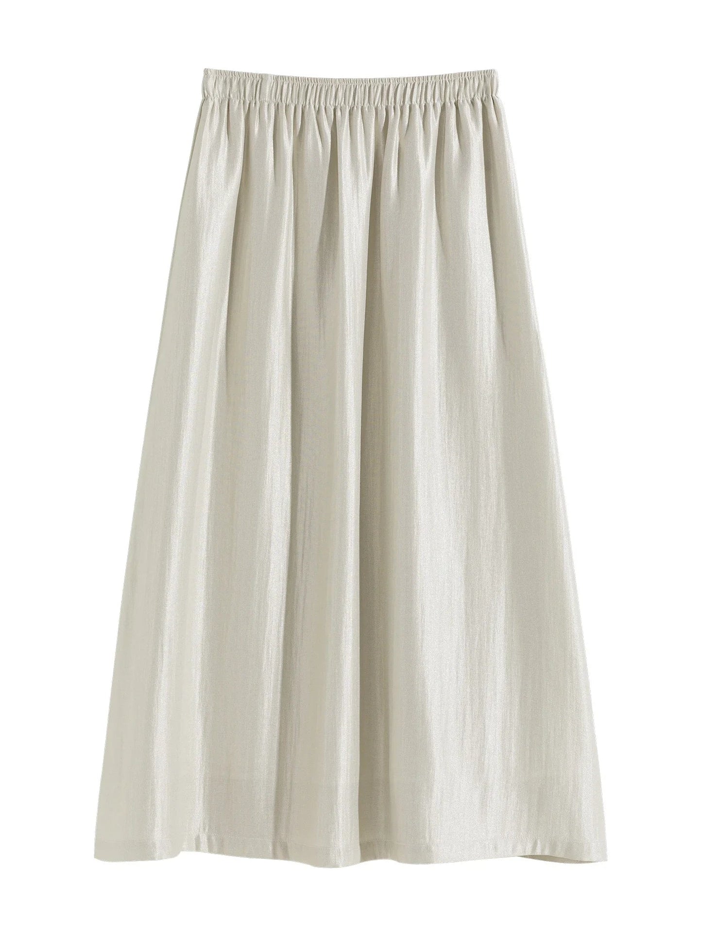 Solid Long High Waist Elastic Silver Grey Draped A-Line Commuter Skirt