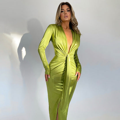 Doris Deep V Neck Long Sleeve Bodycon Maxi Dress