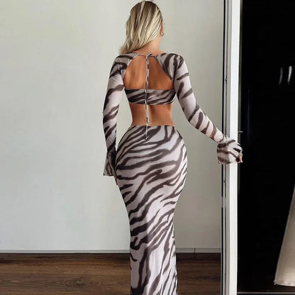 Zebra Print Y2K Skirt Two Piece Set Long Sleeve Backless Crop Top and Skirt Suit Maxi Dress