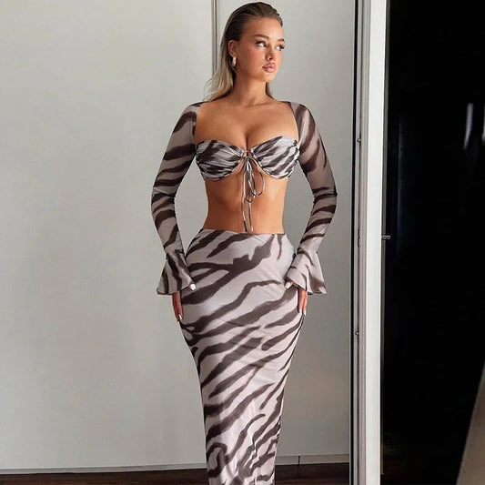 Zebra Print Y2K Skirt Two Piece Set Long Sleeve Backless Crop Top and Skirt Suit Maxi Dress