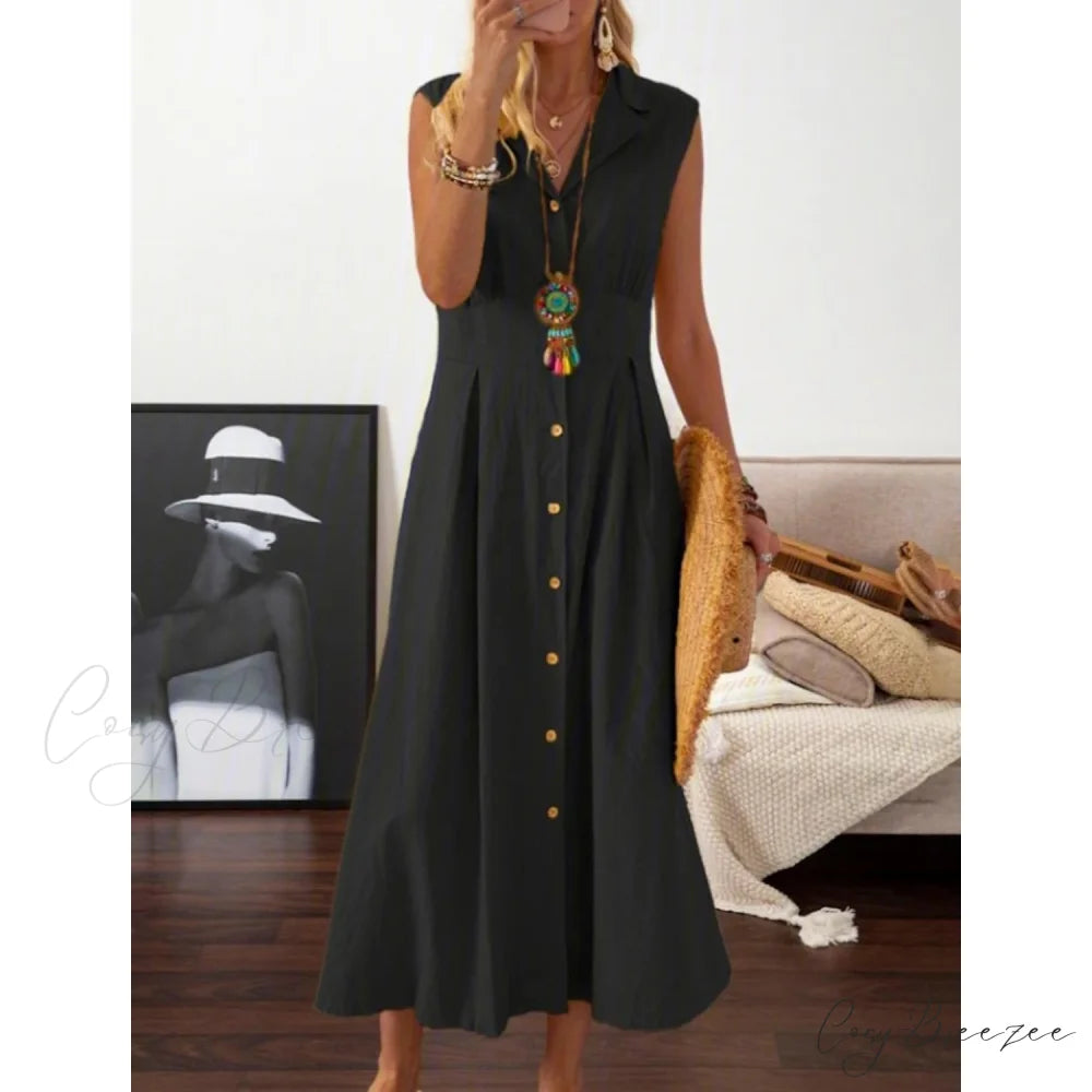 A-Line Casual Dress with Shirt Collar for Women Black / S