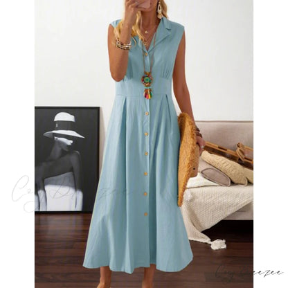 A-Line Casual Dress with Shirt Collar for Women Light Blue / S