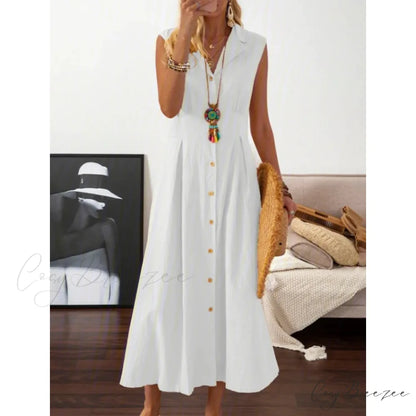 A-Line Casual Dress with Shirt Collar for Women White / S