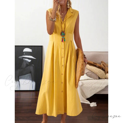 A-Line Casual Dress with Shirt Collar for Women Yellow / S