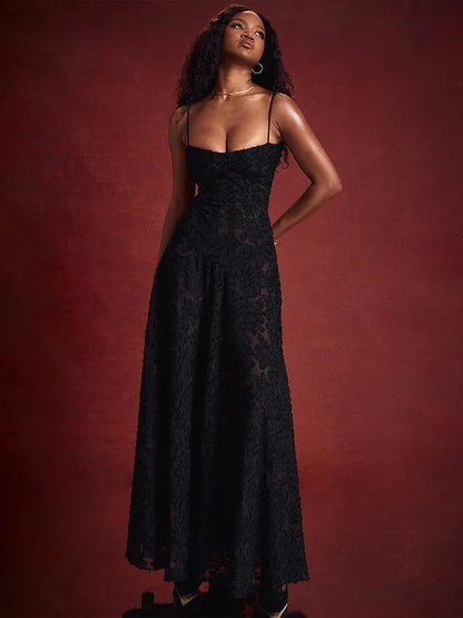 A-line Lace Open-Back Holiday Dress Black / S vacationdress-250223