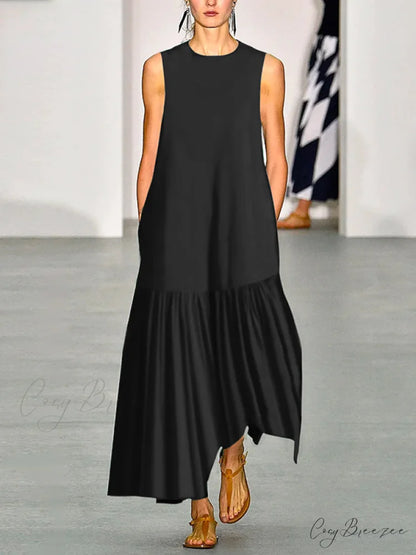 A-Line Long Sleeves Pleated Solid Classic Color Lapel Collar Midi Dresses BLACK / S