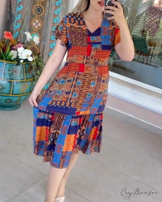 A-Line Midi Dress with Print Multicolour / S