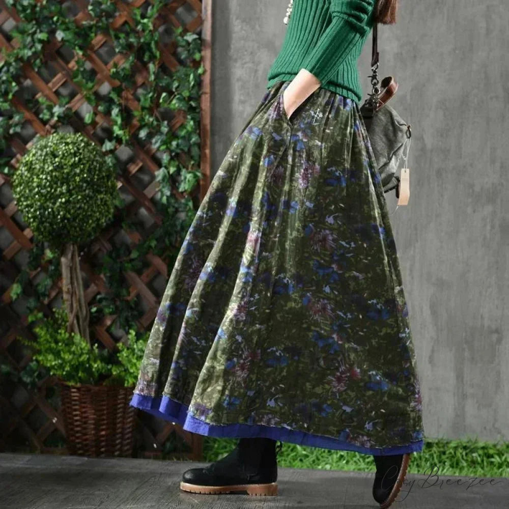 A-Line Pleated Autumn Floral Long Skirt with Pockets Green Skirts / One Size skirt-250126