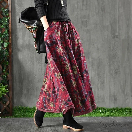 A-Line Pleated Autumn Floral Long Skirt with Pockets Red Skirts / One Size skirt-250126