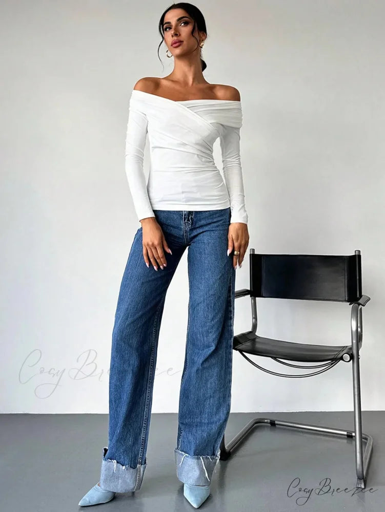 A-line Shoulder Long Sleeve Slim Knitted T-shirt Women knittop-250126