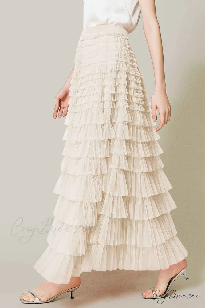 A-line Tiered Mesh Skirt Beige / 2XL