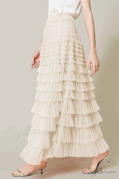 A-line Tiered Mesh Skirt Beige / 2XL