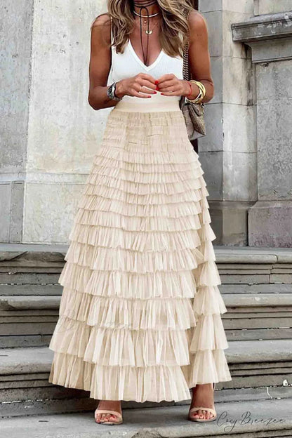 A-line Tiered Mesh Skirt Beige / S