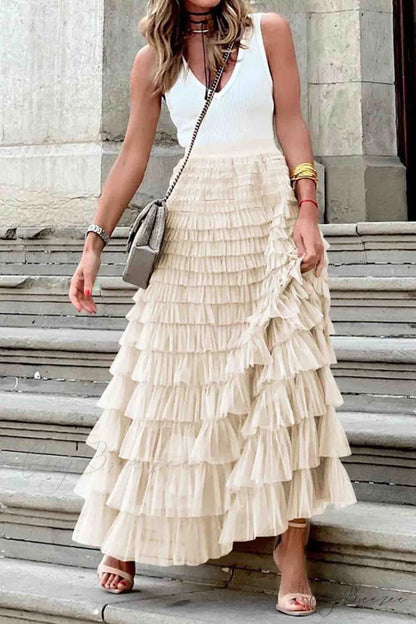 A-line Tiered Mesh Skirt Beige / XL
