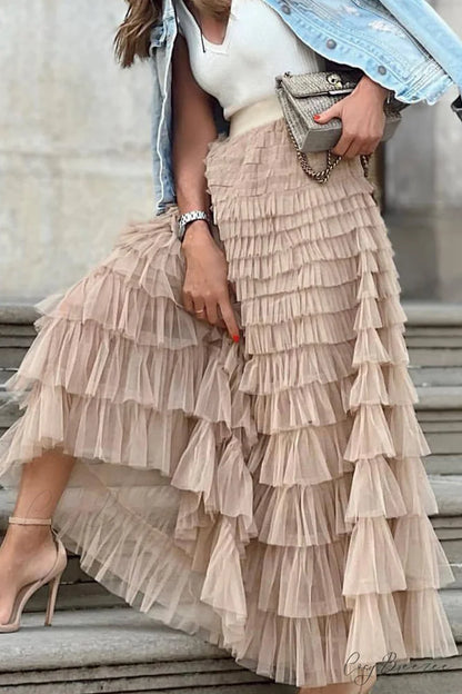 A-line Tiered Mesh Skirt Khaki / 2XL