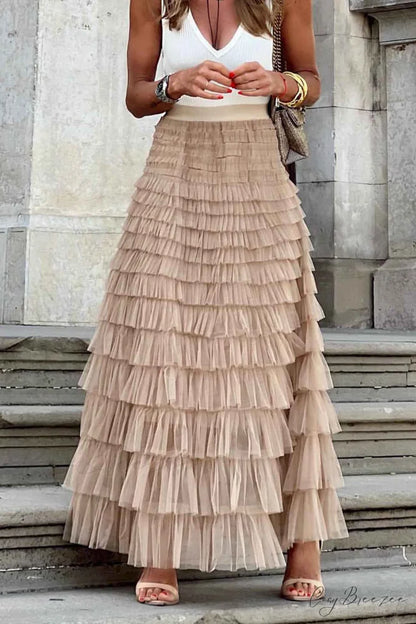 A-line Tiered Mesh Skirt Khaki / S