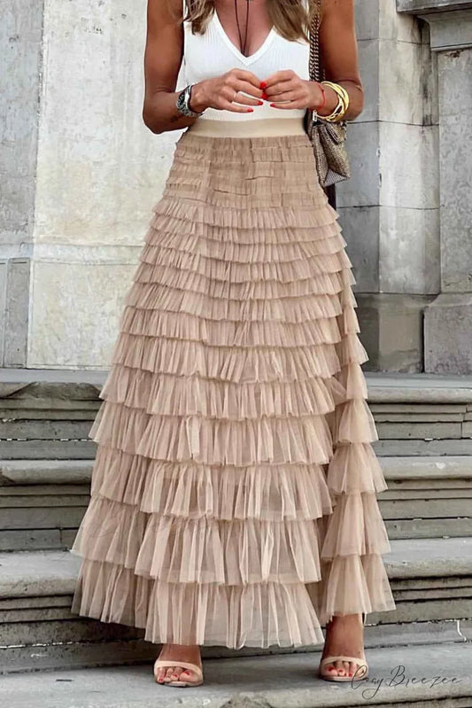 A-line Tiered Mesh Skirt Khaki / S