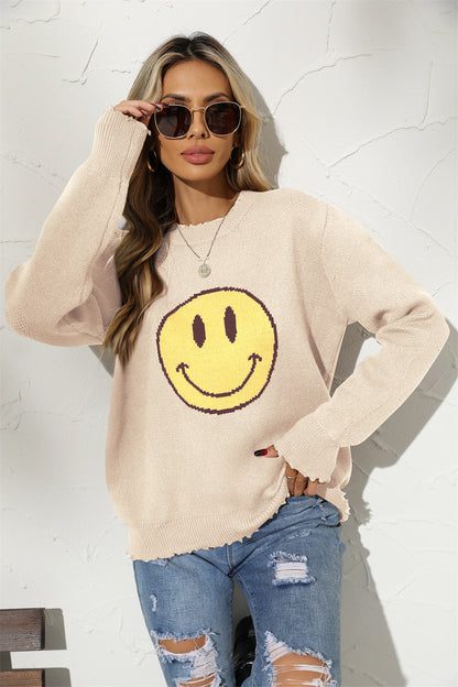 Smily Graphic Round Arm Face Long Neck Sweater