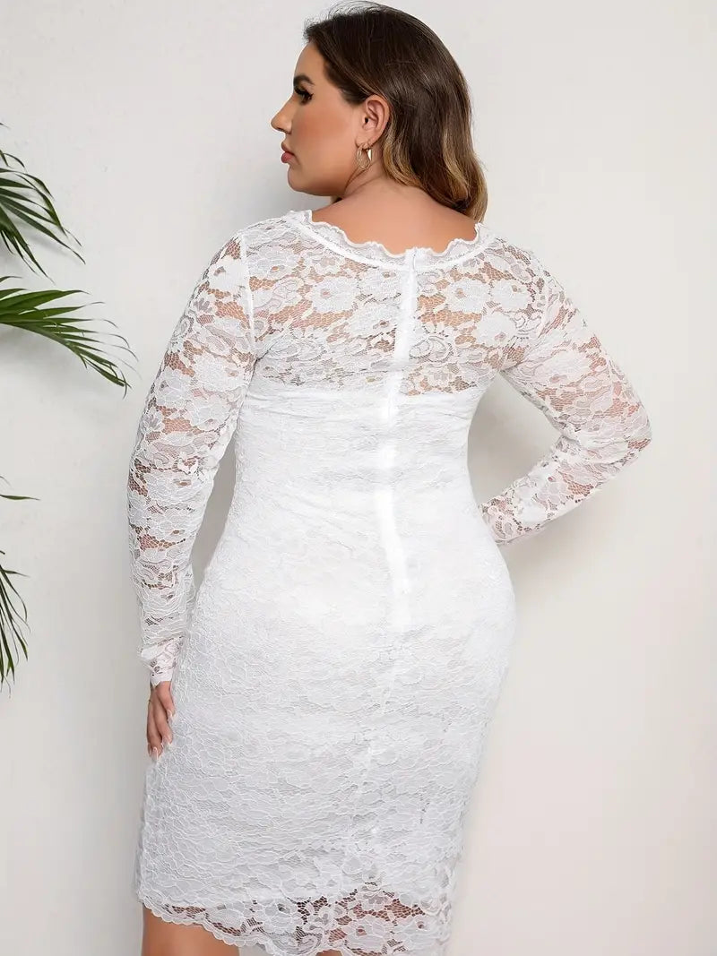 White Lace Long Sleeve Bodycon Dress - Plus Size