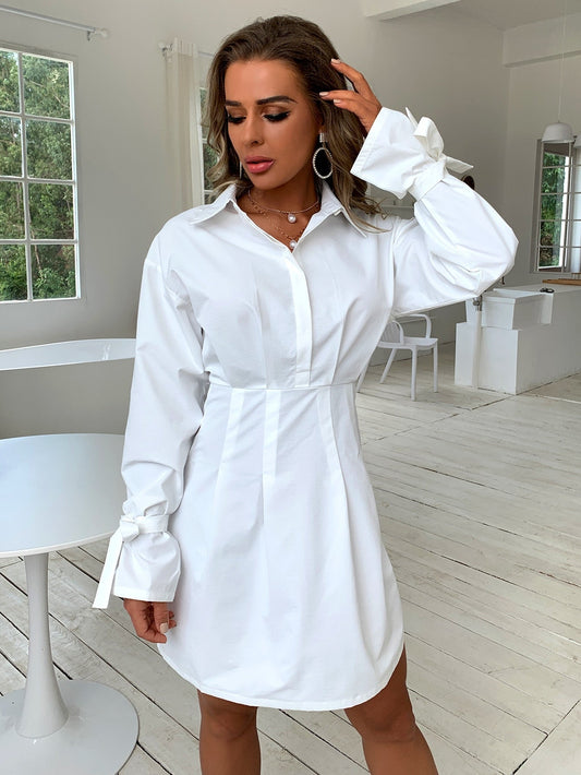 Button Front Tie-Cuff Sleeve Shirt Dress