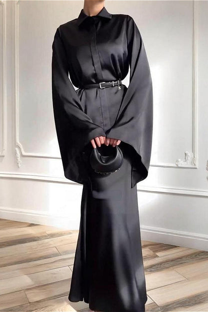 Vintage Satin Blouse with Fitted Skirt Two Piece Set